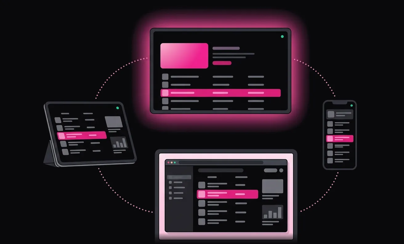 A wall TV, a tablet and a phone showing the same playlist, with a laptop open on the web dashboard below them.