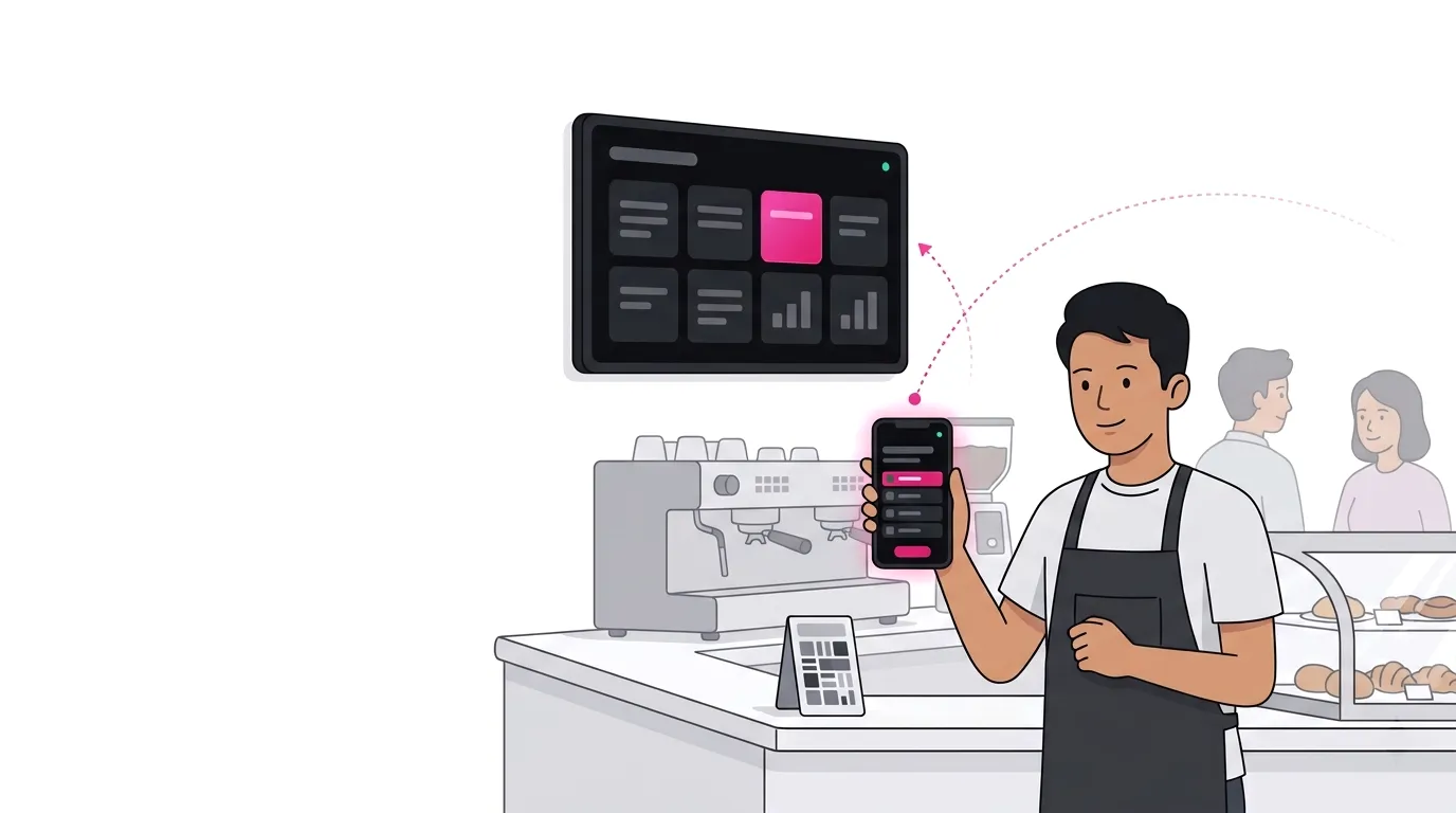 A barista in a café holds up a phone; the menu board on the wall-mounted TV behind the counter updates with a pink promo tile.