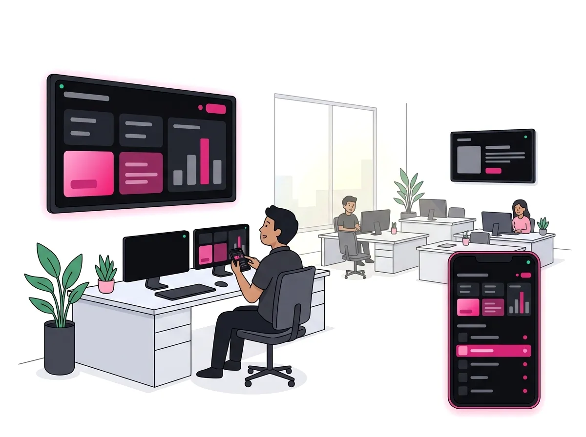 An open-plan office with a large dashboard on the wall TV; a person at a desk holds a phone showing the same dashboard, and a second screen hangs at the back.