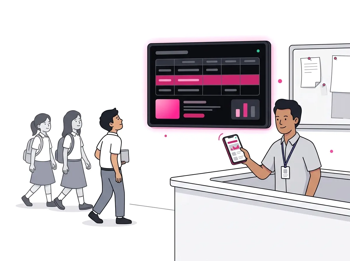 A school lobby where a staff member at the reception desk updates the announcement board on the wall TV from a phone while students walk past.